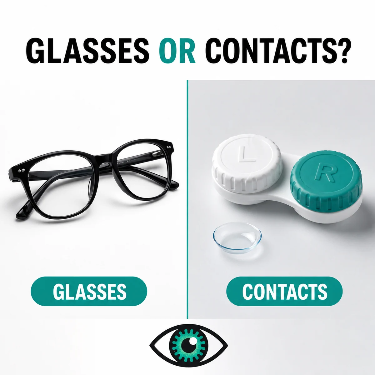 Eye to Eye VisionCare social media graphic asking ‘Glasses or Contacts?’ with eyeglasses and contact lenses.