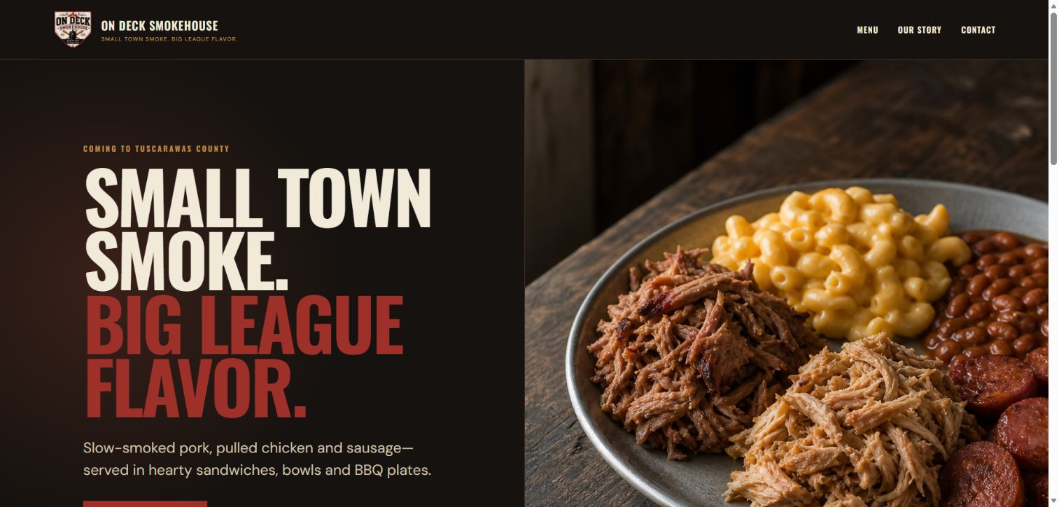On Deck Smokehouse homepage concept with the headline Small Town Smoke. Big League Flavor. alongside a BBQ platter.