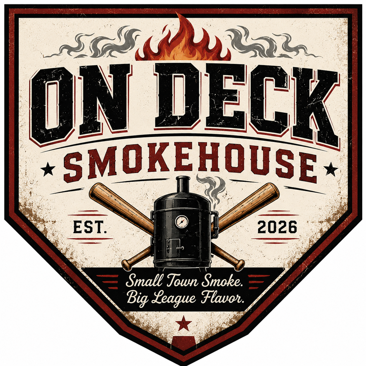 Original On Deck Smokehouse badge with crossed baseball bats, a smoker, and the tagline Small Town Smoke. Big League Flavor.